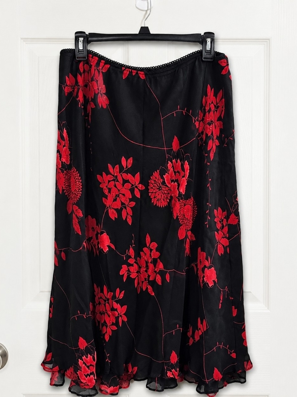 Vintage JM Collection Black Red Floral Beaded Maxi Skirt Sz 18 Romantic